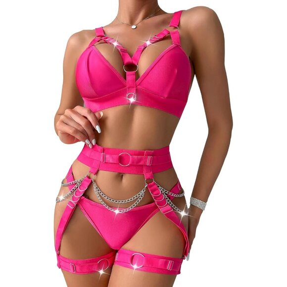 Women's Hot Pink Sexy Chain Strappy Garter Belt Lingerie Set Rave Outfits - Picture 1 of 3
